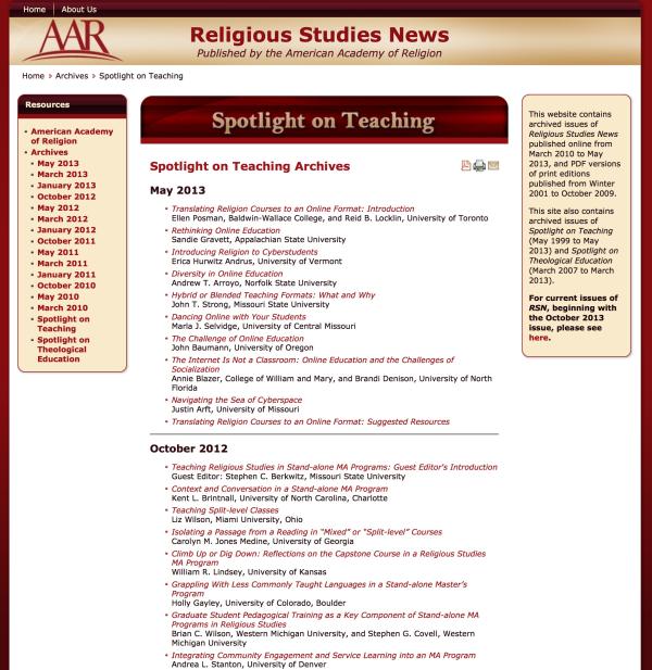 Teaching Religion and the Spotlight on Teaching Syllabus Development Project